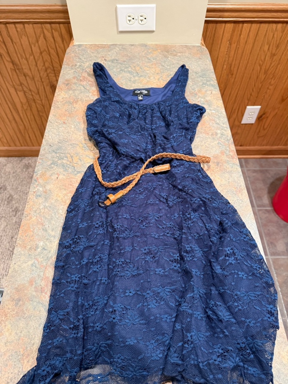 Love Reign Navy Blue Lace A-Line Mini Dress with Braided Tan Belt